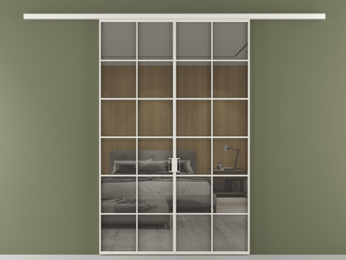 Перегородка Formato вдоль стены двустворчатая АЛПР 040.05 Алюминий серый Рефлективное серое стекло "Stopsol", калёное Цена 1651100 ₸ | Volhovec