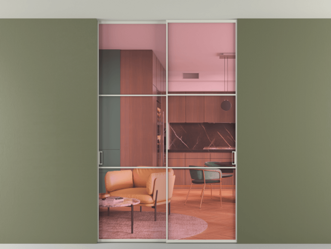 Перегородка Formato внутри проёма скрытое крепление в потолок 2 створки АЛПР 040.03 Алюминий тёплый серый Прозрачное розовое стекло, триплекс Цена 1600400 ₸ | Volhovec