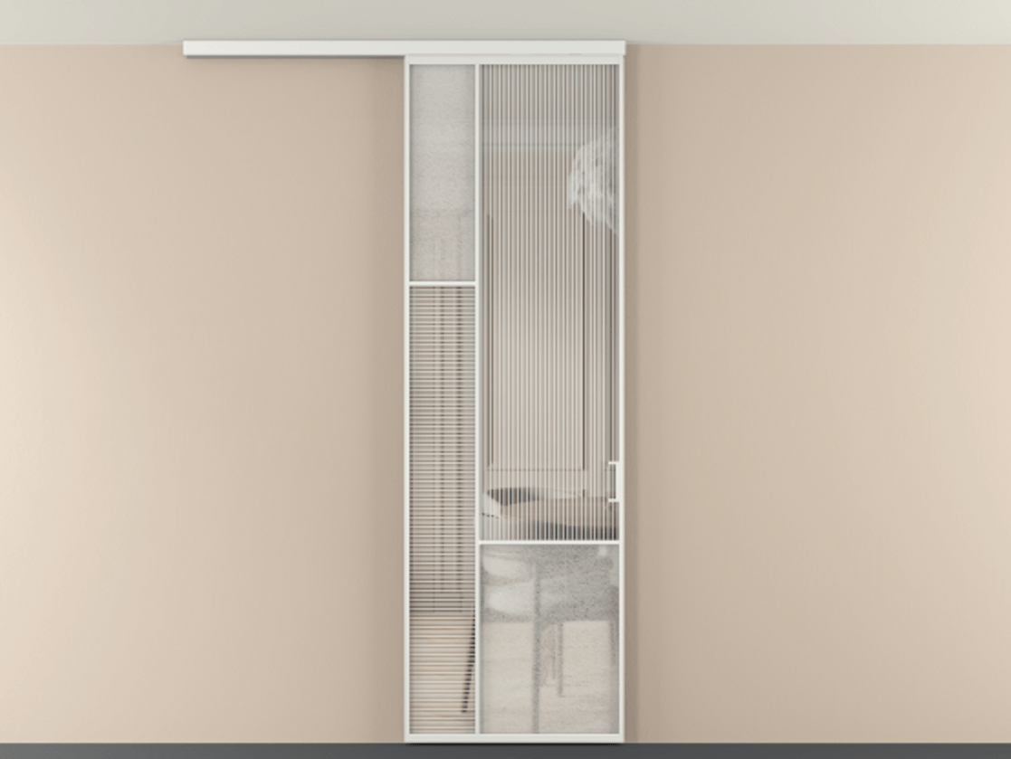 Перегородка Мозаик вдоль стены на потолок 1 створка АЛПР 041.13 Алюминий белоснежный Рифлёное стекло "Дюна", триплекс, 6 мм + Фактурное стекло "Лёд", триплекс Цена 1081382 ₸ | Volhovec