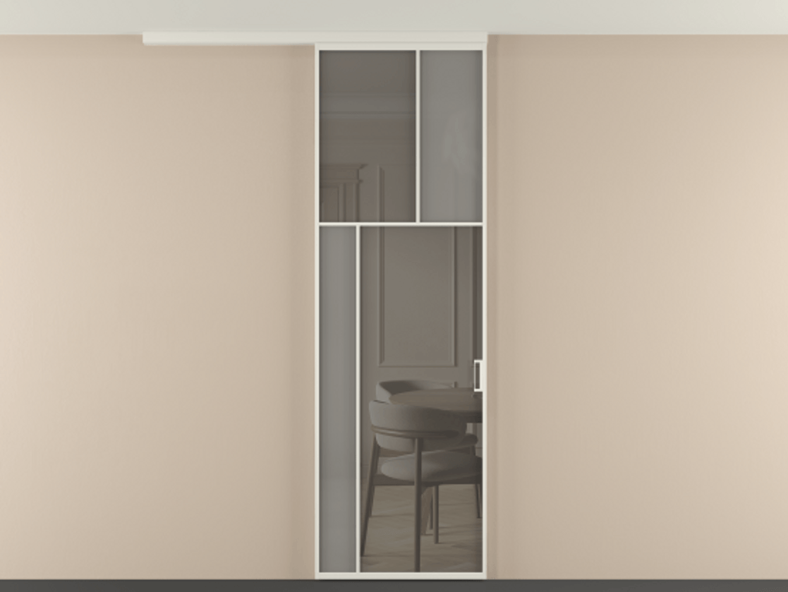 Перегородка Мозаик вдоль стены на потолок 1 створка АЛПР 041.22 Алюминий Белый Сатинированное серое стекло, триплекс, 6 мм + Прозрачное серое стекло, триплекс Цена 979474 ₸ | Volhovec