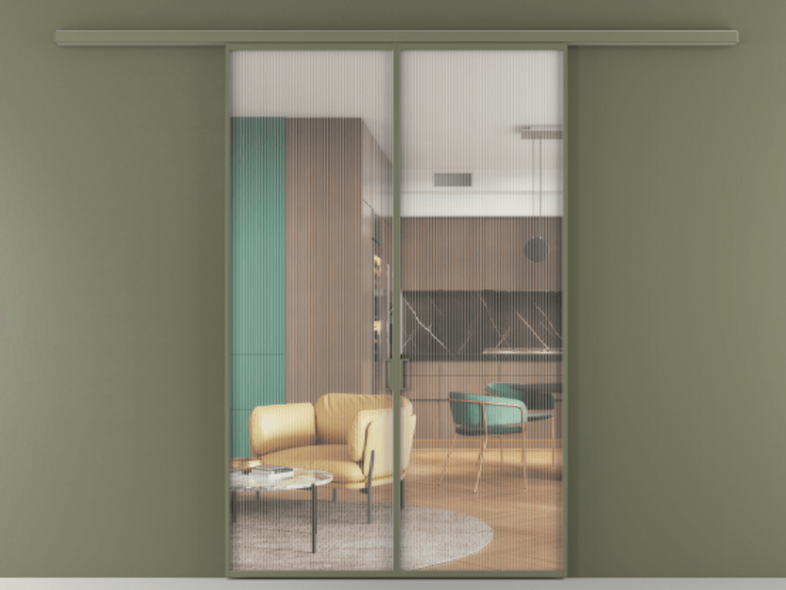 Перегородка Formato вдоль стены двустворчатая АЛПР 040.01 Алюминий оливковый тёмный Рифлёное стекло "Moru", триплекс Цена 1292430 ₸ | Volhovec