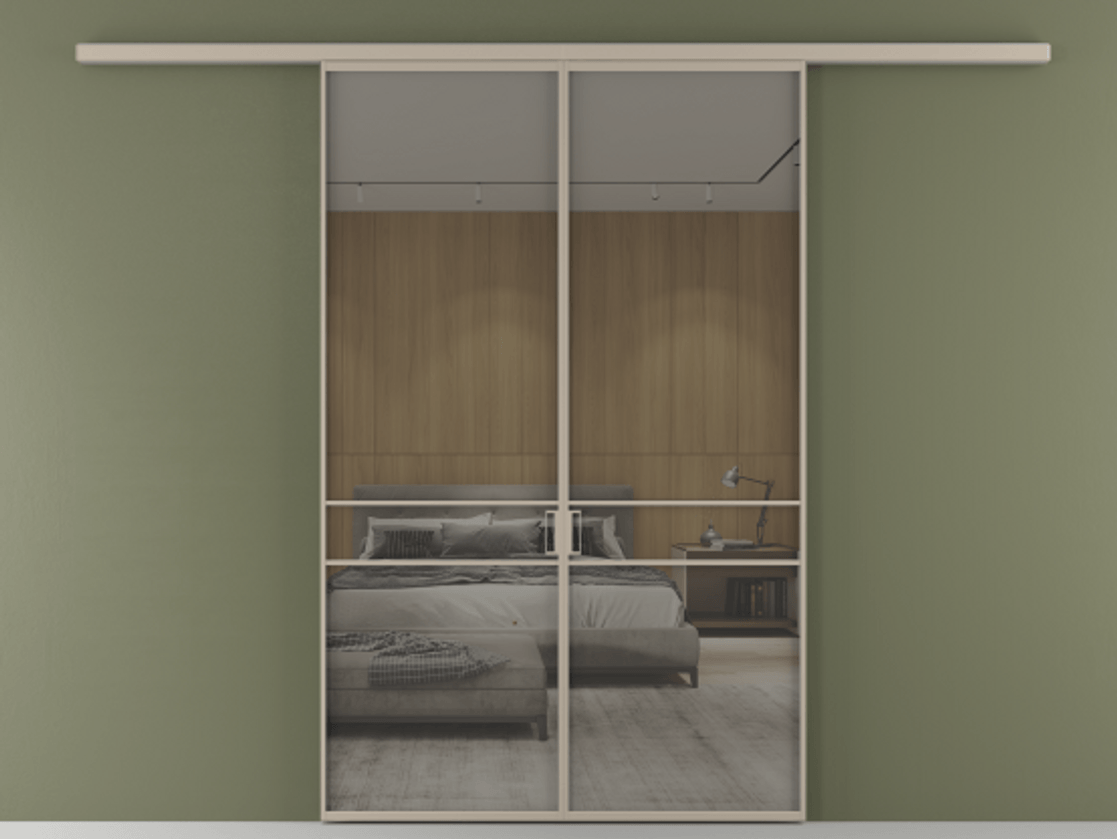 Перегородка Formato вдоль стены 2 створки АЛПР 040.02 Алюминий бисквитный Рефлективное серое стекло "Stopsol", калёное Цена 1553760 ₸ | Volhovec