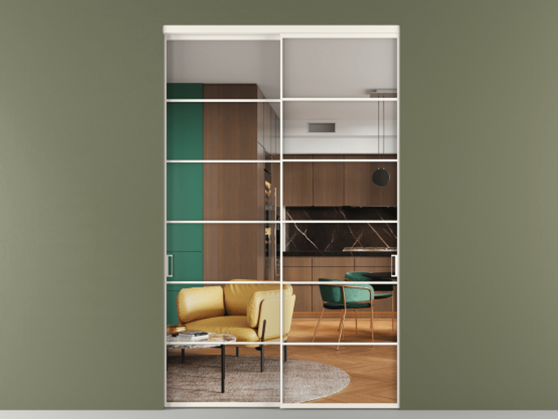 Перегородка Formato внутри проёма 2 створки АЛПР 040.04 Алюминий пудровый белый Прозрачное стекло "Crystal Vision", калёное Цена 3081940 ₸  | Volhovec