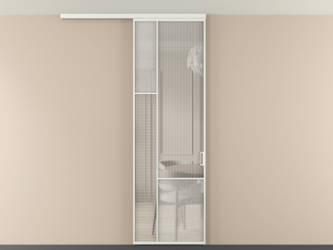 Перегородка Мозаик вдоль стены на потолок 1 створка АЛПР 041.13 Алюминий светло-серый Рифлёное стекло "Дюна", триплекс, 6 мм + Фактурное стекло "Лёд", триплекс Цена 1081382 ₸ | Volhovec