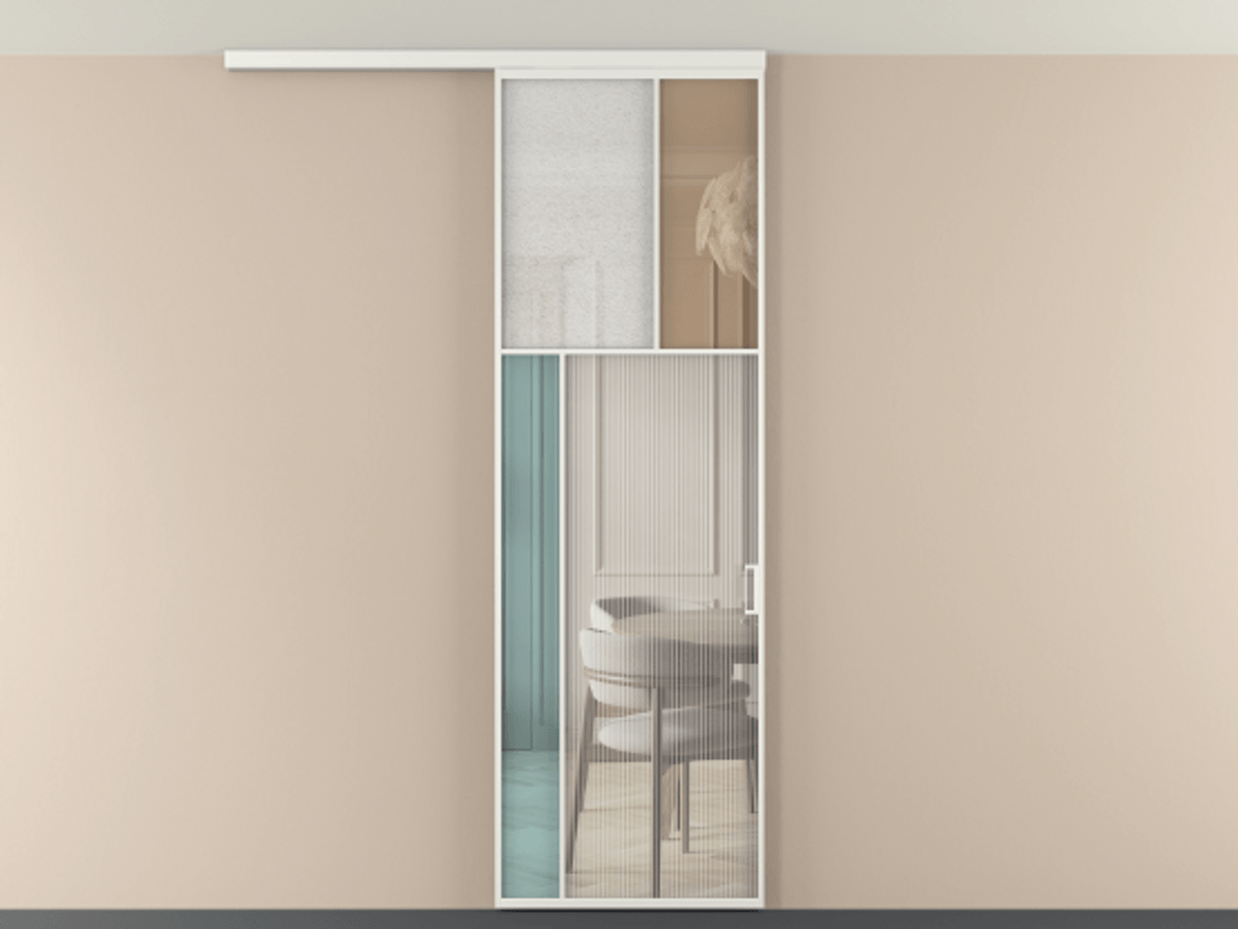 Перегородка Мозаик вдоль стены на потолок 1 створка АЛПР 041.22 Алюминий светло-серый Комбинация стекол Группы 1 и Группы 3 Цена 1066262 ₸ | Volhovec