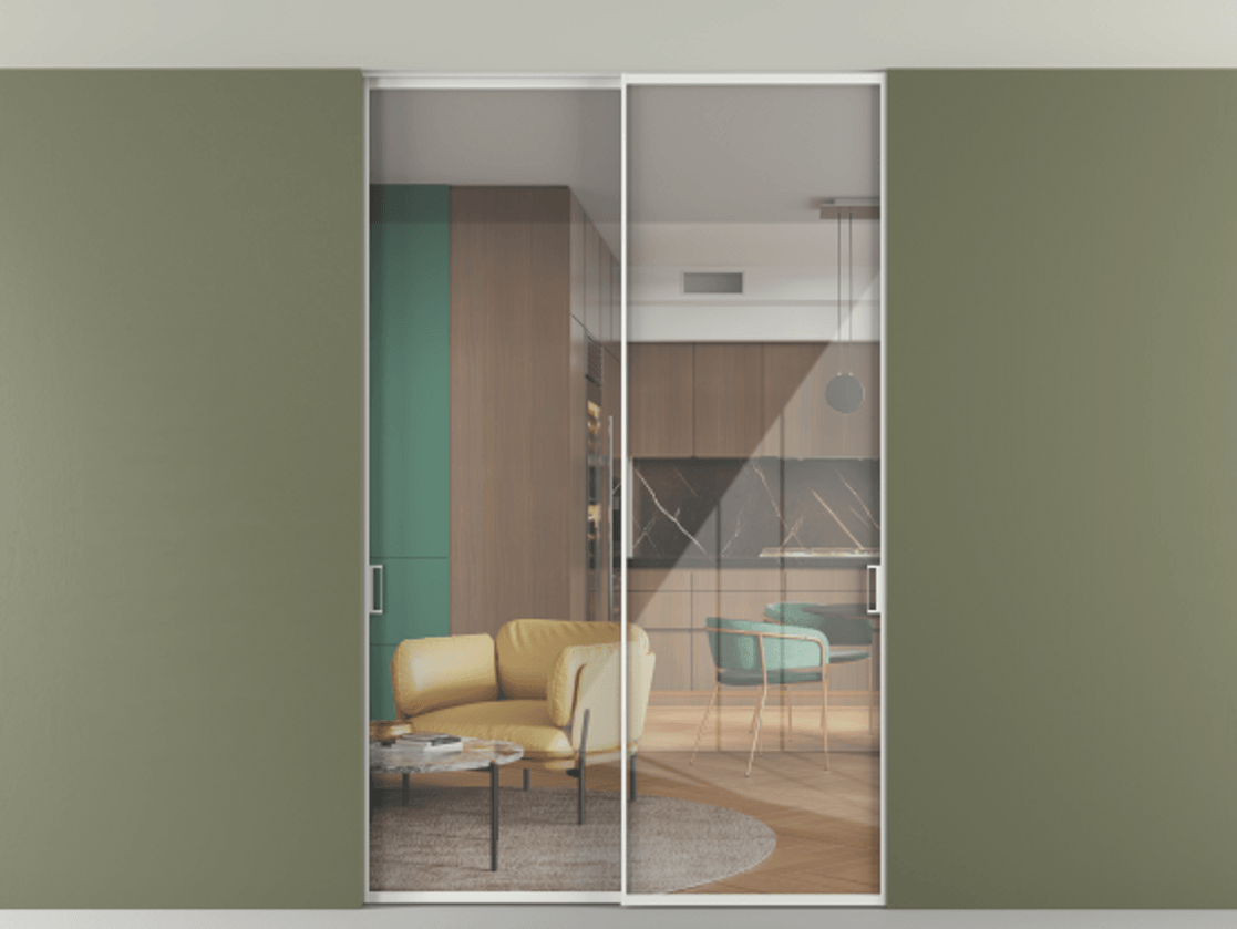 Перегородка Formato внутри проёма скрытое крепление в потолок 2 створки АЛПР 040.01 Алюминий белоснежный Рефлективное прозрачное стекло "Stopsol", калёное Цена 1832310 ₸ | Volhovec