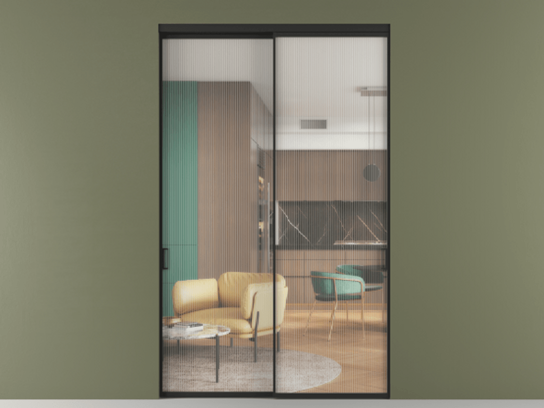 Перегородка Formato внутри проёма двустворчатая АЛПР 040.01 Алюминий Черный Рифлёное стекло "Moru", триплекс Цена 2781790 ₸  | Volhovec