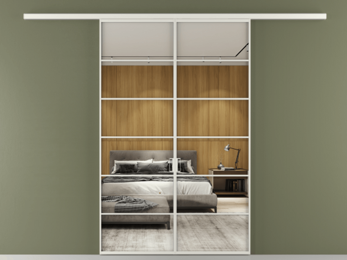 Перегородка Formato вдоль стены 2 створки АЛПР 040.04 Алюминий серый Двустороннее зеркало, триплекс , триплекс 6 мм Цена 1344350 ₸ | Volhovec