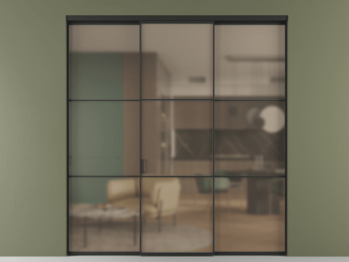 Перегородка Formato внутри проёма трёхстворчатая АЛПР 040.03 Алюминий Черный Сатинированное бронзовое стекло, триплекс Цена 1757180 ₸ | Volhovec