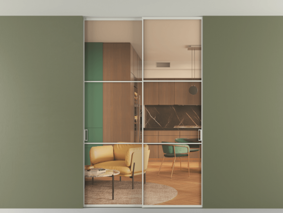 Перегородка Formato внутри проёма скрытое крепление в потолок 2 створки АЛПР 040.03 Алюминий тёплый серый Прозрачное оранжевое стекло, триплекс Цена 1600400 ₸ | Volhovec