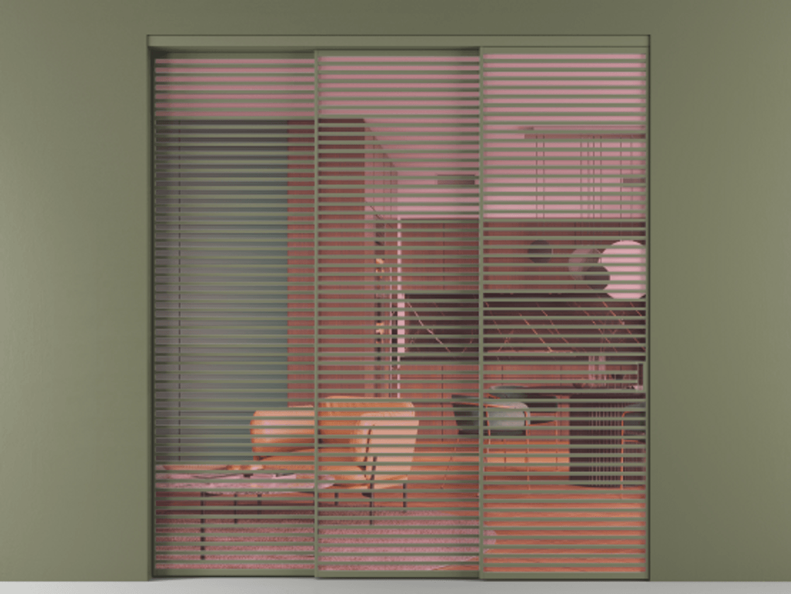 Перегородка Формато внутри проёма 3 створки с синхронным механизмом АЛПР 040.07 Алюминий оливковый тёмный Прозрачное розовое стекло, триплекс Цена 4186539 ₸  | Volhovec