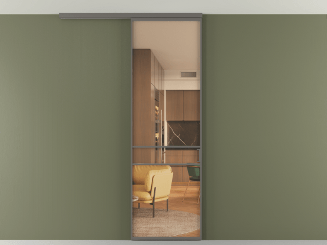 Перегородка Формато вдоль стены на потолок 1 створка АЛПР 040.02 Алюминий классический серый Прозрачное оранжевое стекло, триплекс Цена 732243 ₸ | Volhovec