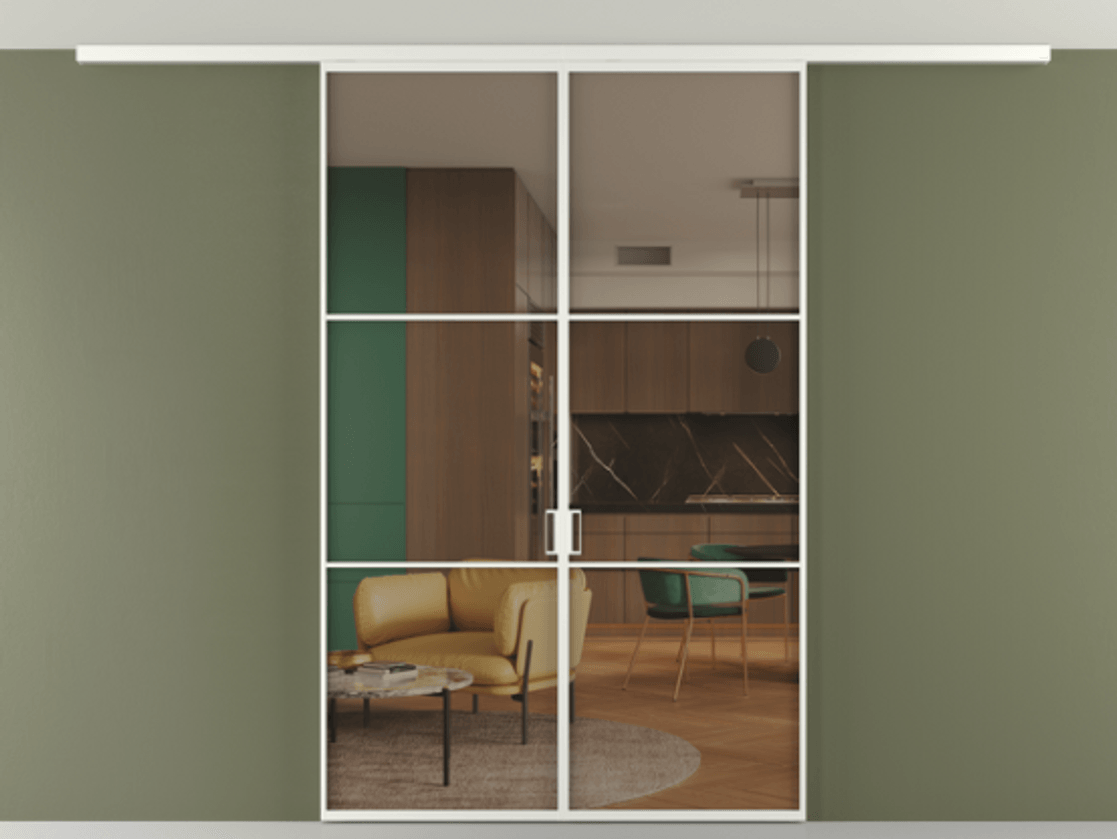 Перегородка Формато вдоль стены на потолок 2 створки АЛПР 040.03 Алюминий светло-серый Прозрачное бронзовое стекло, триплекс Цена 1534922 ₸ | Volhovec