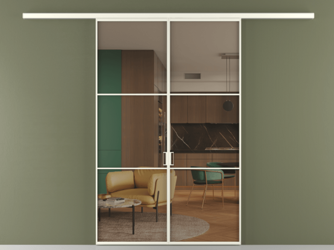 Перегородка Formato вдоль стены 2 створки АЛПР 040.03 Алюминий жемчужный Прозрачное бронзовое стекло, триплекс Цена 1266470 ₸ | Volhovec