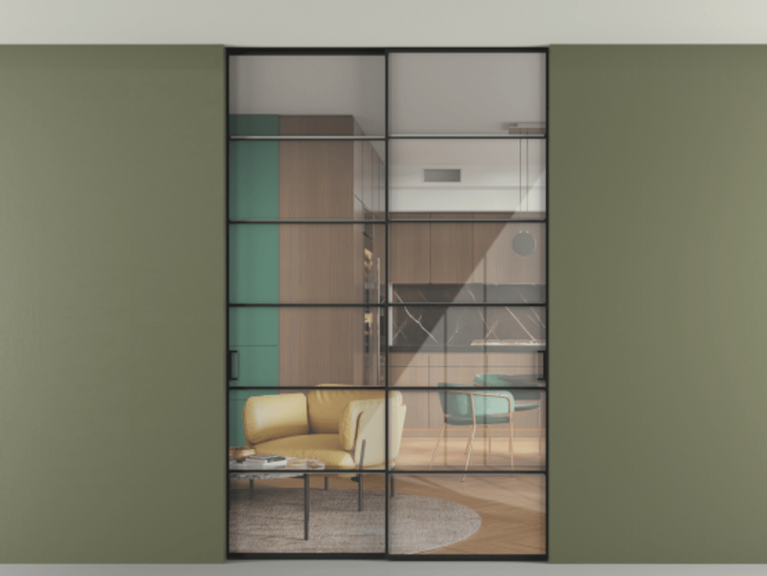 Перегородка Formato внутри проёма скрытое крепление в потолок 2 створки АЛПР 040.04 Алюминий Черный Рефлективное прозрачное стекло "Stopsol", калёное. Скрытый короб ЧЕР Цена 1958610 ₸ 1. Полотно 2 шт. (800/2100 мм)
2. Комплект установки раздвижной системы
3. Базовый комплект фурнитуры
4. Ручка RONDO. Фабрика дверей Волховец 8 (800) 551 43 19 Перегородка Formato внутри проёма скрытое крепление в потолок 2 створки АЛПР 040.04 Алюминий Черный Рефлективное прозрачное стекло "Stopsol", калёное Цена 1958610 ₸ | Volhovec