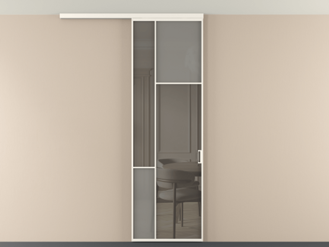 Перегородка Мозаик вдоль стены на потолок 1 створка АЛПР 041.11 Алюминий пудровый белый Сатинированное серое стекло, триплекс, 6 мм + Прозрачное серое стекло, триплекс Цена 1020902 ₸ | Volhovec