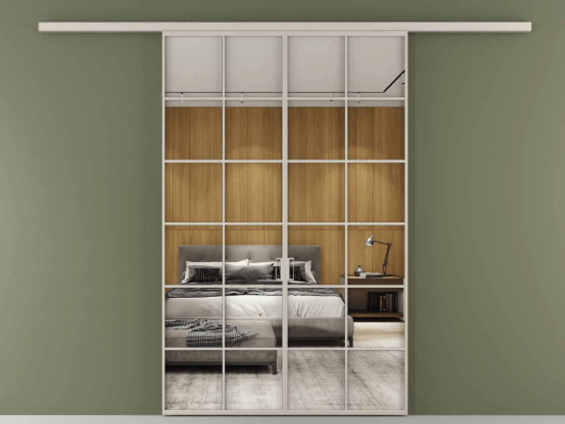 Перегородка Formato вдоль стены 2 створки АЛПР 040.05 Алюминий светло-бежевый Двустороннее зеркало, триплекс , триплекс 6 мм Цена 1344350 ₸ | Volhovec