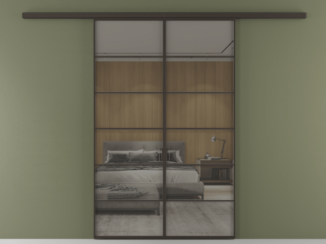 Перегородка Formato вдоль стены 2 створки АЛПР 040.04 Алюминий антрацит Рефлективное серое стекло "Stopsol", калёное Цена 1651100 ₸ | Volhovec