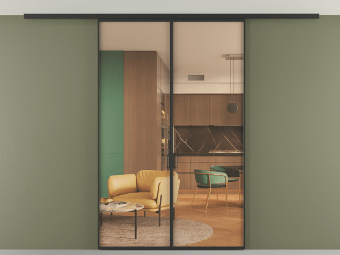 Перегородка Formato вдоль стены на потолок двустворчатая #VENDORCODE# #FURNISH# #GLASS# Цена #PRICE# #CURRENCY# | Volhovec