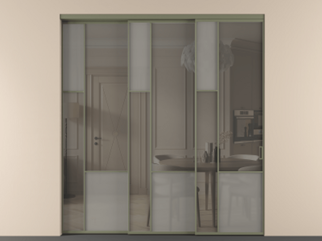 Перегородка Mosaic внутри проёма 3 створки с синхронным механизмом АЛПР 041.13 Алюминий оливковый тёмный Сатинированное серое стекло, триплекс, 6 мм + Прозрачное серое стекло, триплекс Цена 2729310 ₸ | Volhovec