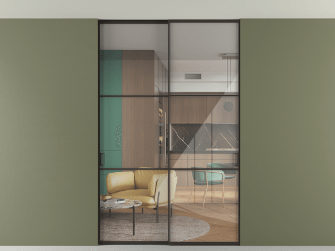 Перегородка Formato внутри проёма скрытое крепление в потолок 2 створки АЛПР 040.03 Алюминий антрацит Рефлективное прозрачное стекло "Stopsol", калёное Цена 1906440 ₸ | Volhovec