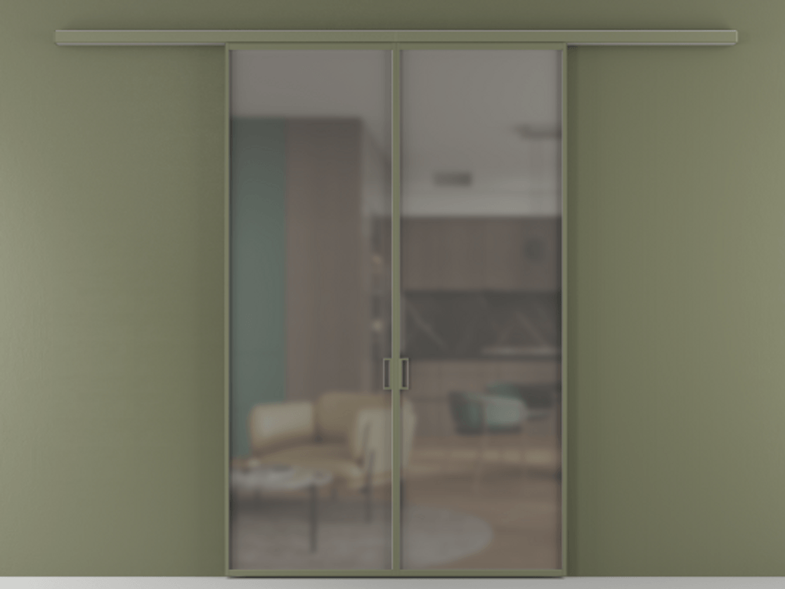 Перегородка Formato вдоль стены 2 створки АЛПР 040.01 Алюминий оливковый тёмный Сатинированное серое стекло, триплекс Цена 1212560 ₸ | Volhovec