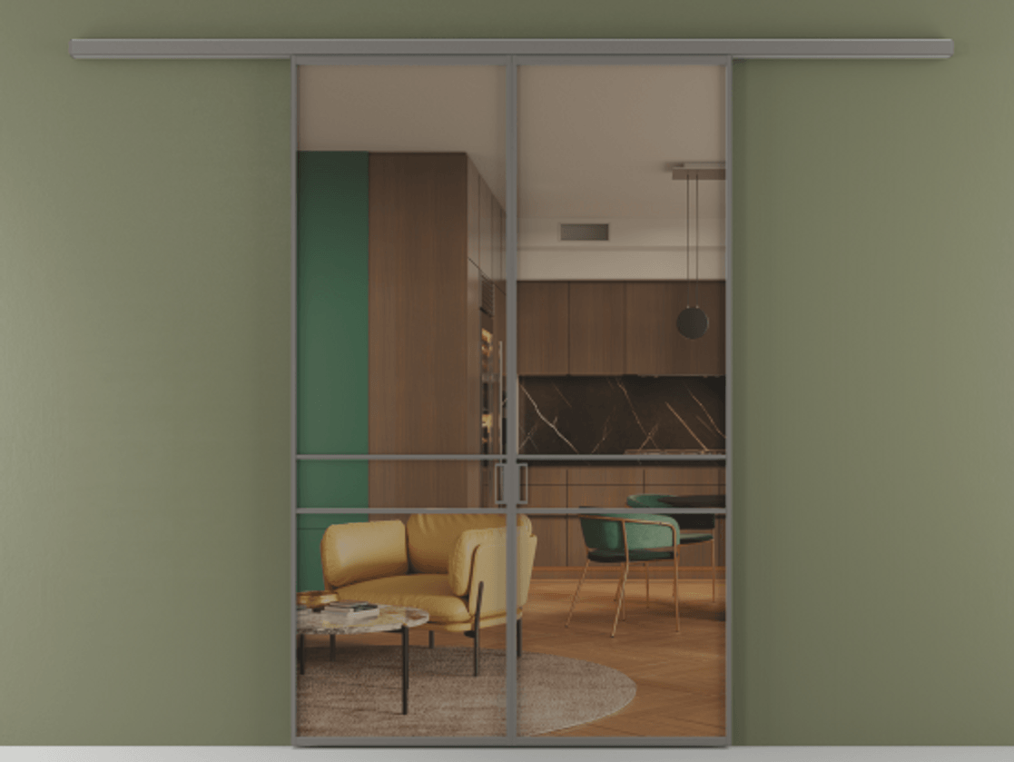 Перегородка Formato вдоль стены 2 створки АЛПР 040.02 Алюминий классический серый Прозрачное бронзовое стекло, триплекс Цена 1266470 ₸ | Volhovec