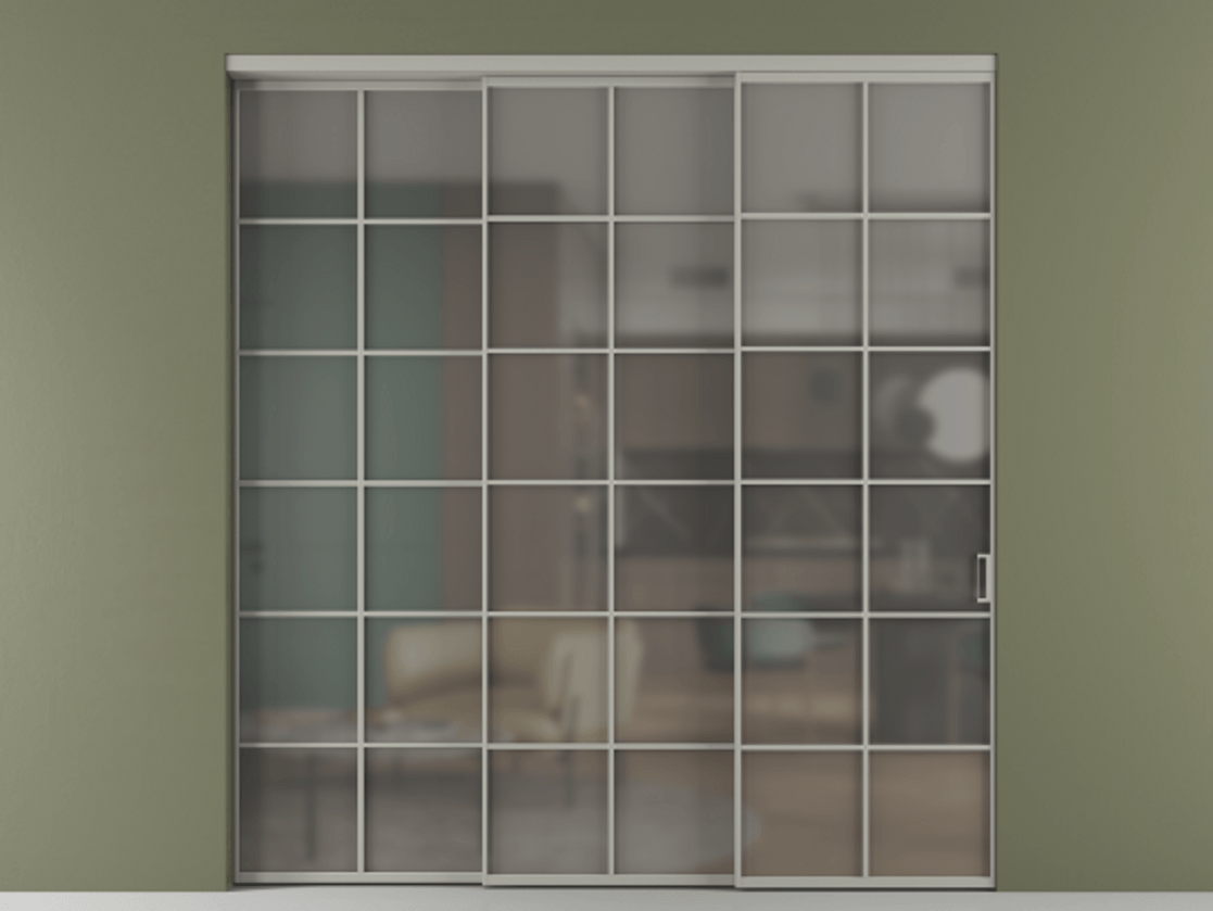 Перегородка Formato внутри проёма 3 створки с синхронным механизмом АЛПР 040.05 Алюминий нейтральный серый Сатинированное серое стекло, триплекс Цена 2577120 ₸  | Volhovec