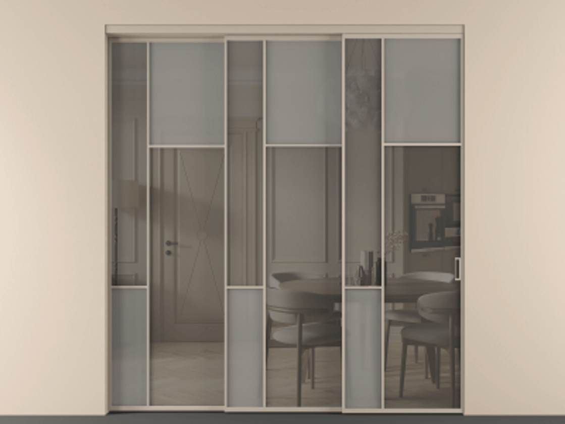 Перегородка Mosaic внутри проёма 3 створки с синхронным механизмом АЛПР 041.11 Алюминий бисквитный Сатинированное серое стекло, триплекс, 6 мм + Прозрачное серое стекло, триплекс Цена 2729310 ₸ | Volhovec