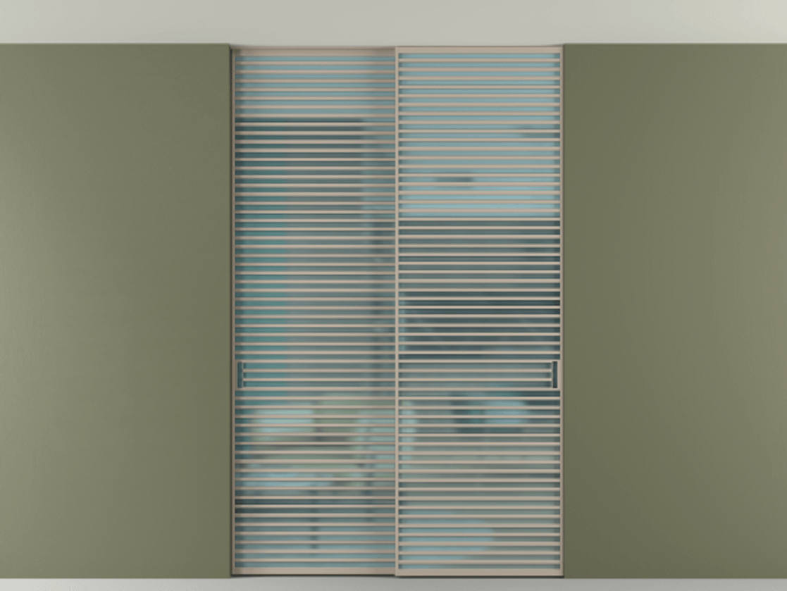 Перегородка Formato внутри проёма скрытое крепление в потолок 2 створки АЛПР 040.07 Алюминий бисквитный Сатинированное голубое стекло, триплекс Цена 2676700 ₸ | Volhovec