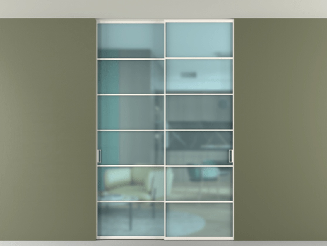 Перегородка Formato внутри проёма скрытое крепление в потолок 2 створки АЛПР 040.04 Алюминий пудровый белый Сатинированное голубое стекло, триплекс Цена 1913700 ₸ | Volhovec