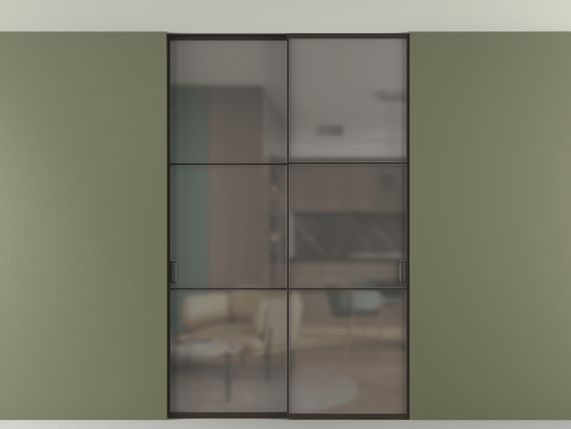 Перегородка Формато внутри проёма скрытое крепление в потолок 2 створки АЛПР 040.03 Алюминий антрацит Сатинированное серое стекло, триплекс Цена 1876505 ₸ | Volhovec