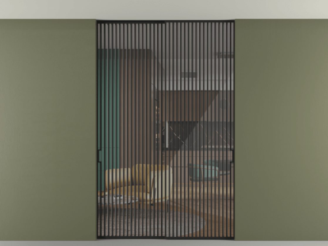 Перегородка Formato внутри проёма скрытое крепление в потолок 2 створки АЛПР 040.06 Алюминий Черный Рефлективное прозрачное стекло "Stopsol", калёное Цена 3137850 ₸ | Volhovec