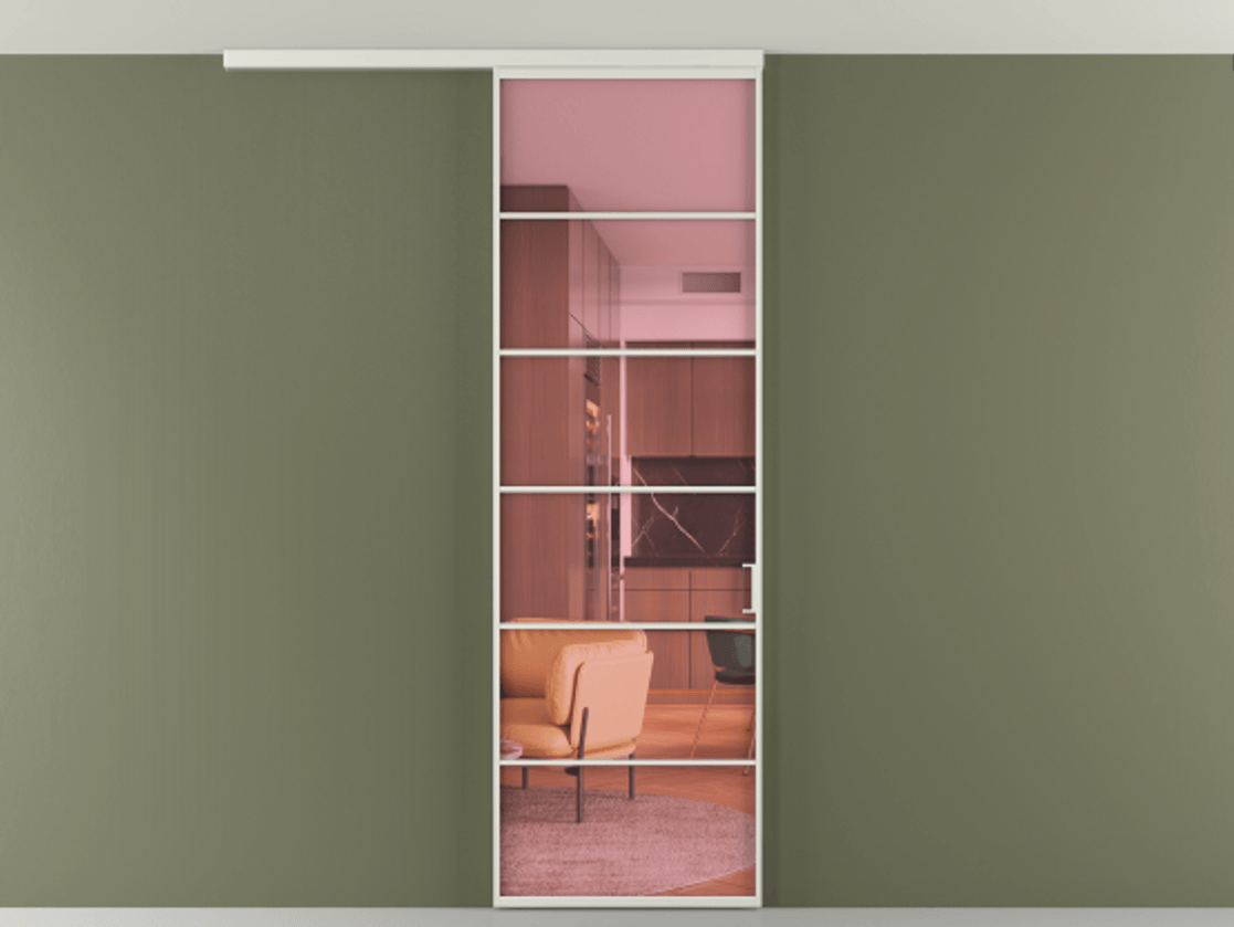 Перегородка Формато вдоль стены на потолок 1 створка АЛПР 040.04 Алюминий серый Прозрачное розовое стекло, триплекс Цена 780891 ₸ | Volhovec