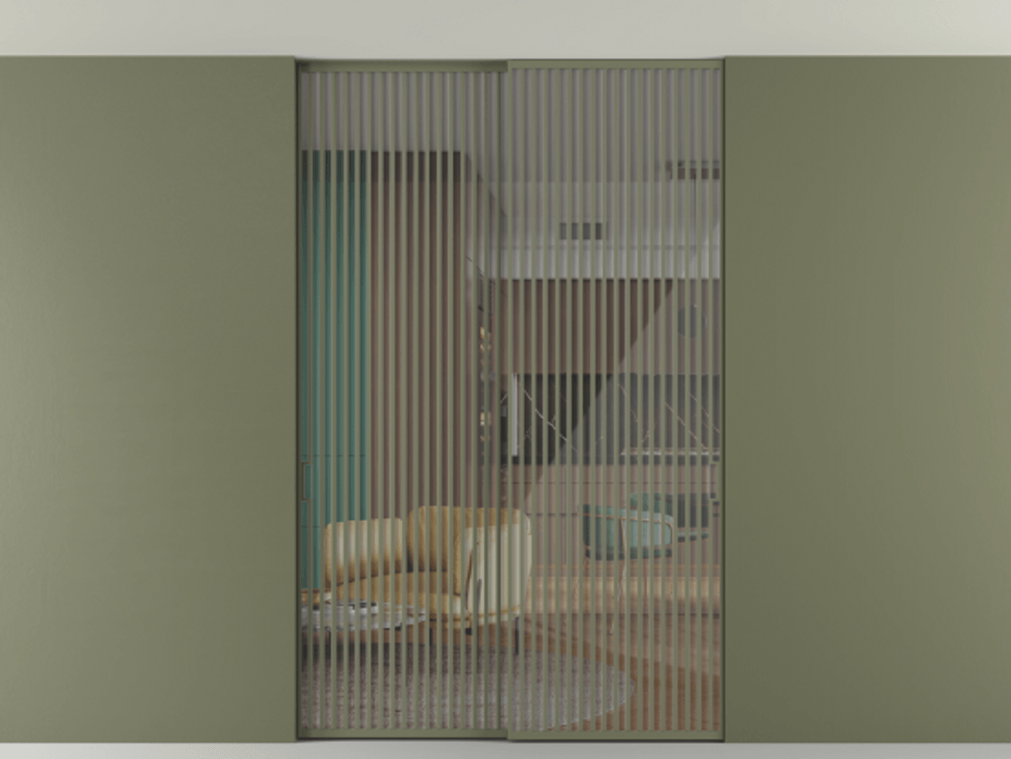 Перегородка Formato внутри проёма скрытое крепление в потолок 2 створки АЛПР 040.06 Алюминий оливковый тёмный Рефлективное прозрачное стекло "Stopsol", калёное Цена 3251790 ₸ | Volhovec