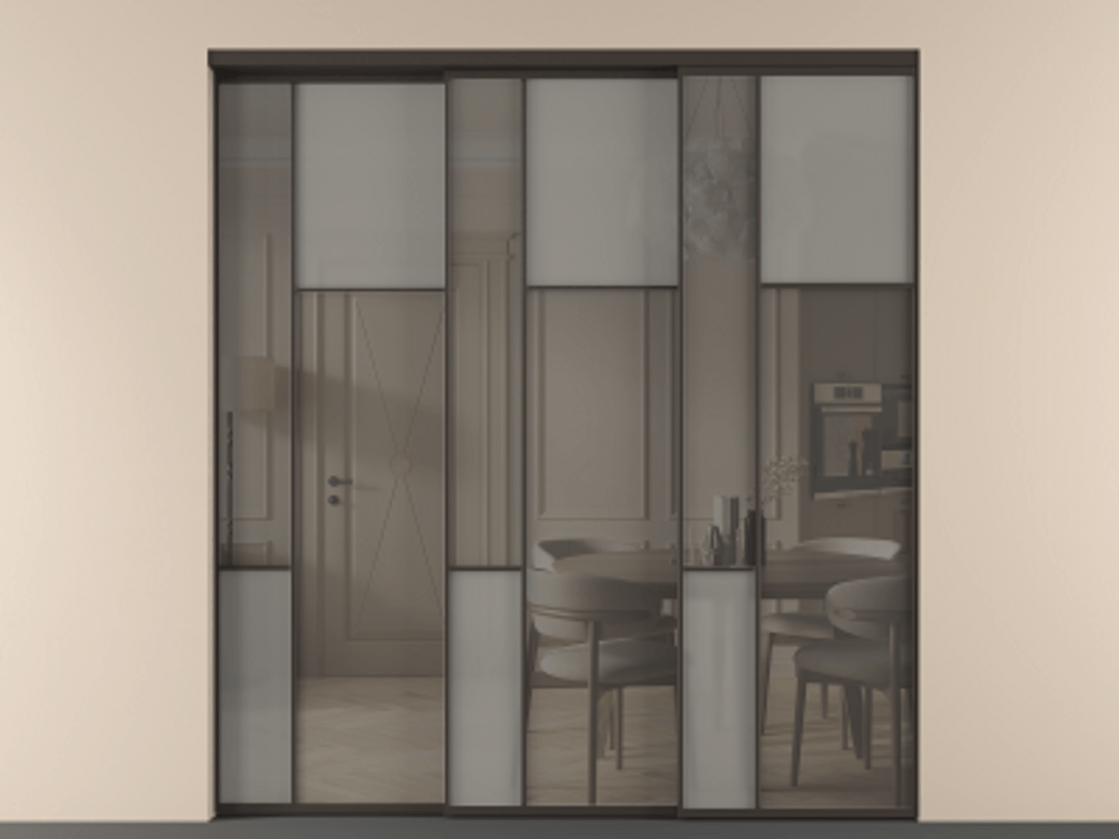 Перегородка Mosaic внутри проёма 3 створки с синхронным механизмом АЛПР 041.11 Алюминий антрацит Сатинированное серое стекло, триплекс, 6 мм + Прозрачное серое стекло, триплекс Цена 2729310 ₸ | Volhovec