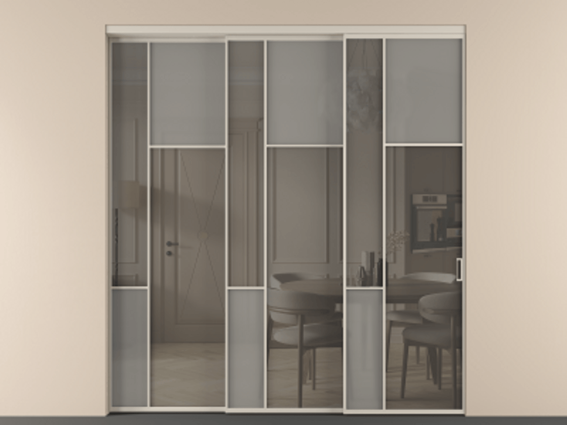 Перегородка Mosaic внутри проёма 3 створки с синхронным механизмом АЛПР 041.11 Алюминий светло-бежевый Сатинированное серое стекло, триплекс, 6 мм + Прозрачное серое стекло, триплекс Цена 2729310 ₸ | Volhovec