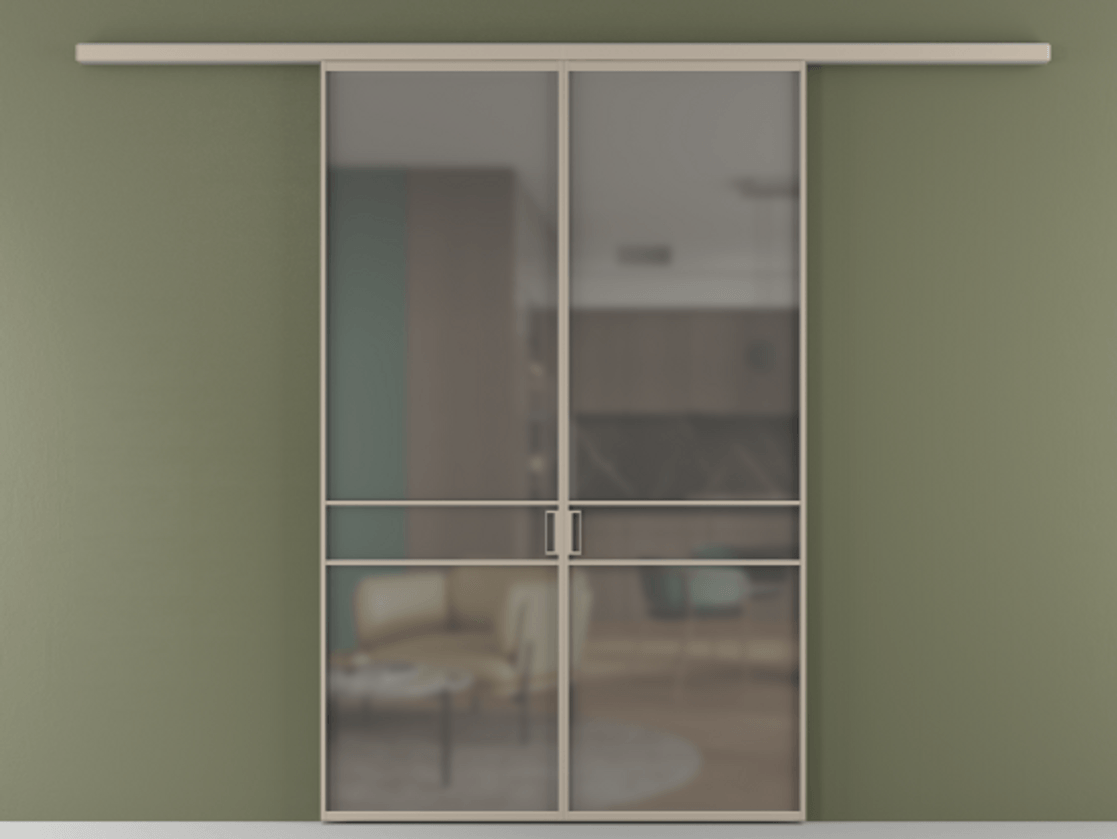 Перегородка Formato вдоль стены 2 створки АЛПР 040.02 Алюминий бисквитный Сатинированное серое стекло, триплекс Цена 1266470 ₸ | Volhovec