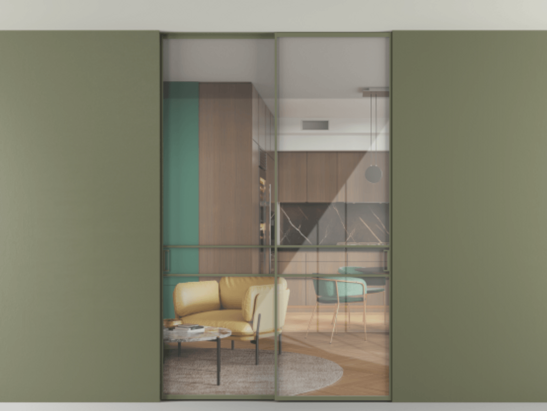 Перегородка Formato внутри проёма скрытое крепление в потолок 2 створки АЛПР 040.02 Алюминий оливковый тёмный Рефлективное прозрачное стекло "Stopsol", калёное Цена 1906440 ₸ | Volhovec