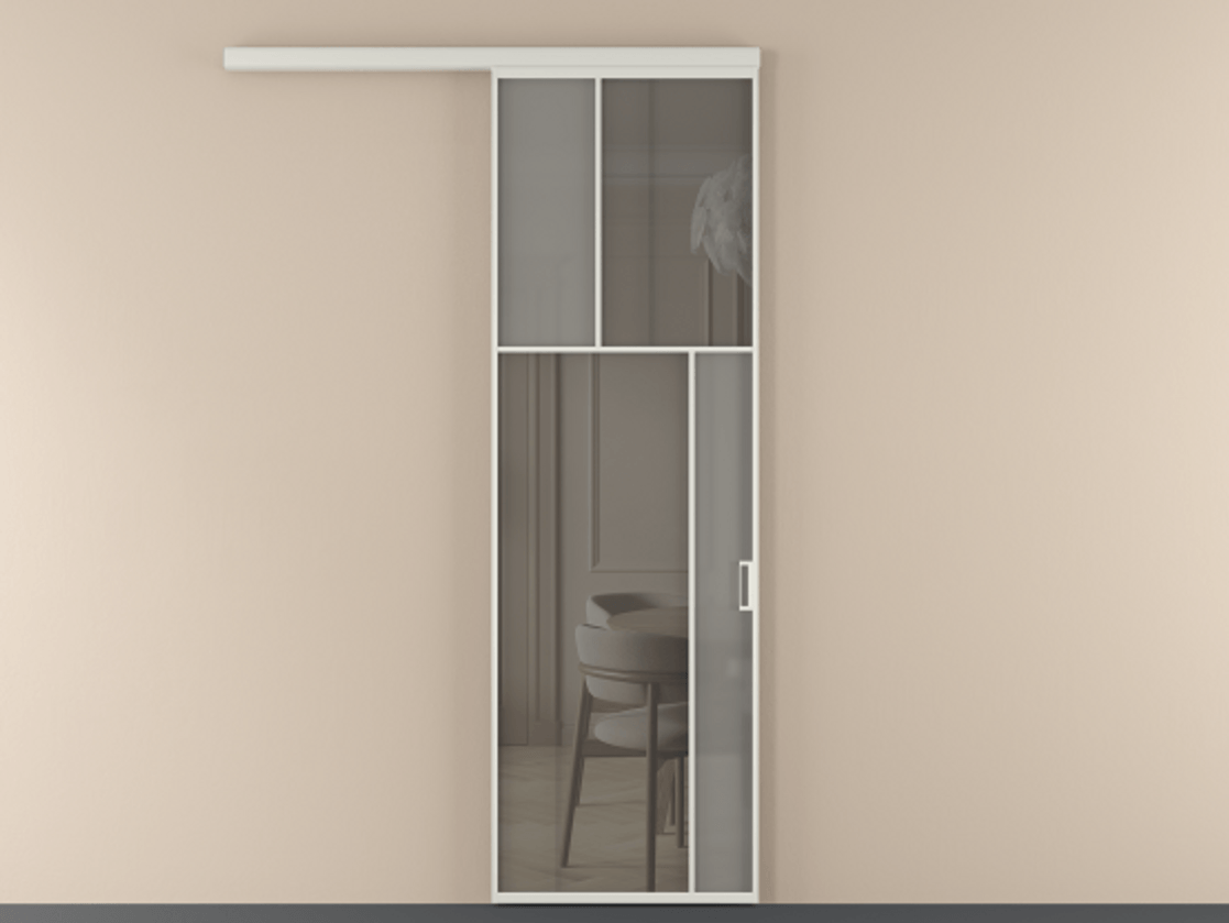 Перегородка Mosaic вдоль стены 1 створка АЛПР 041.23 Алюминий Белый Сатинированное серое стекло, триплекс, 6 мм + Прозрачное серое стекло, триплекс Цена 819870 ₸ | Volhovec