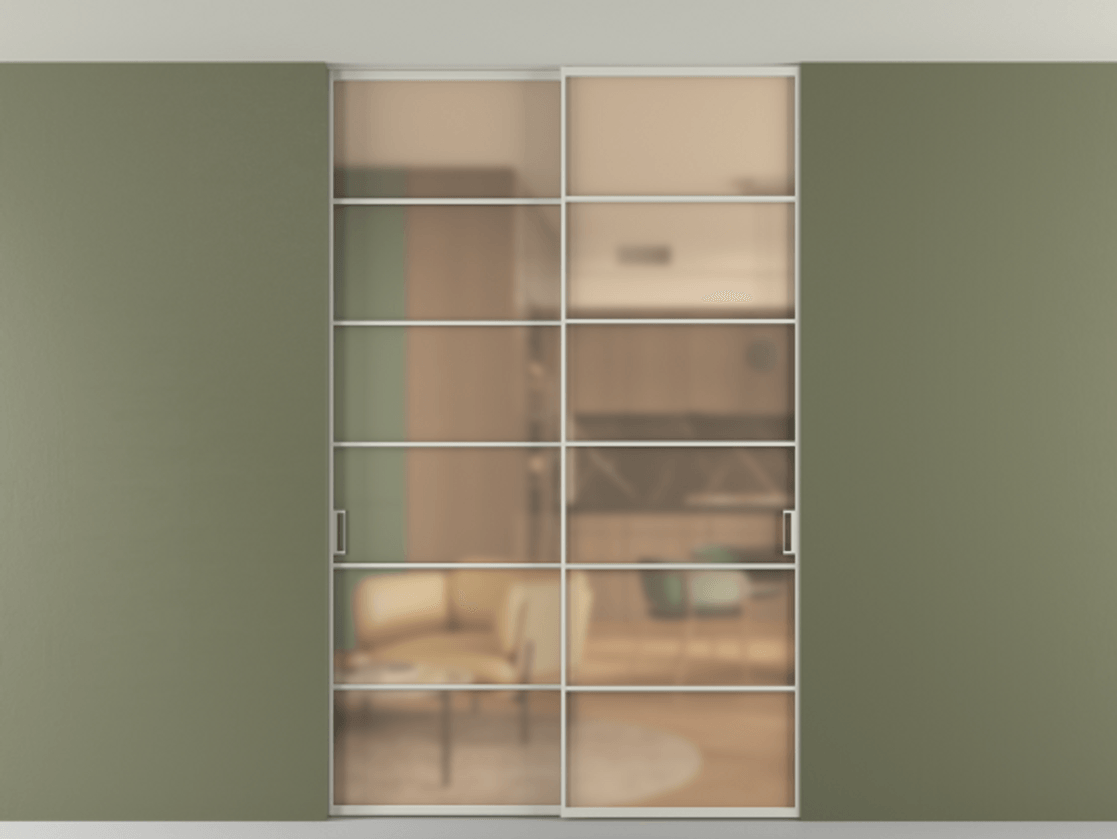 Перегородка Formato внутри проёма скрытое крепление в потолок 2 створки АЛПР 040.04 Алюминий тёплый серый Сатинированное оранжевое стекло, триплекс Цена 1686100 ₸ | Volhovec