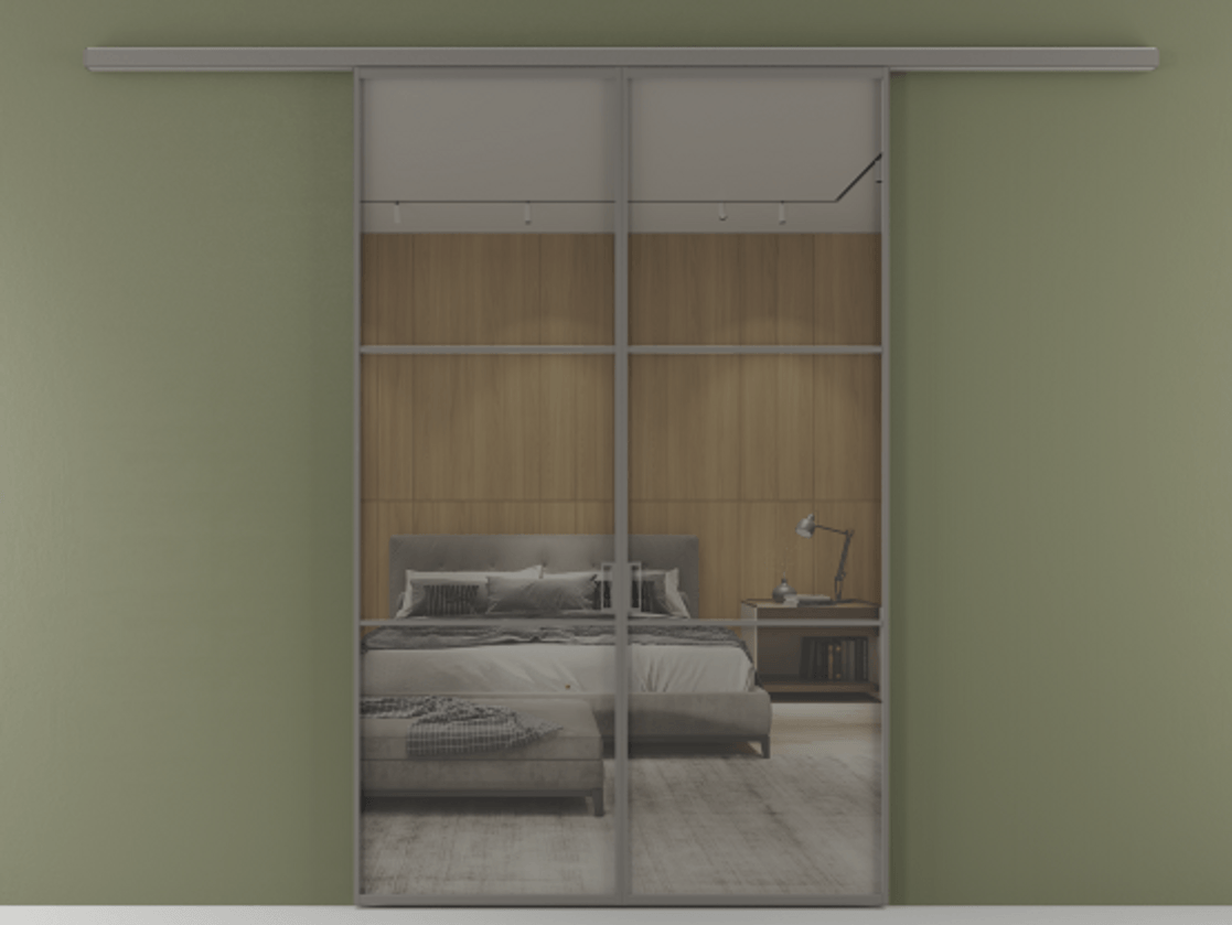 Перегородка Formato вдоль стены 2 створки АЛПР 040.03 Алюминий классический серый Рефлективное серое стекло "Stopsol", калёное Цена 1553760 ₸ | Volhovec