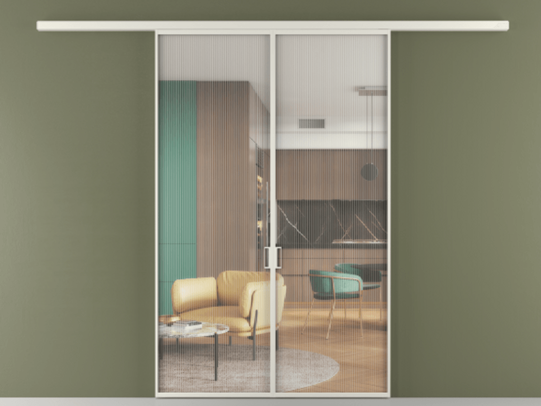 Перегородка Formato вдоль стены 2 створки АЛПР 040.01 Алюминий Белый Рифлёное стекло "Moru", триплекс Цена 1430830 ₸ | Volhovec