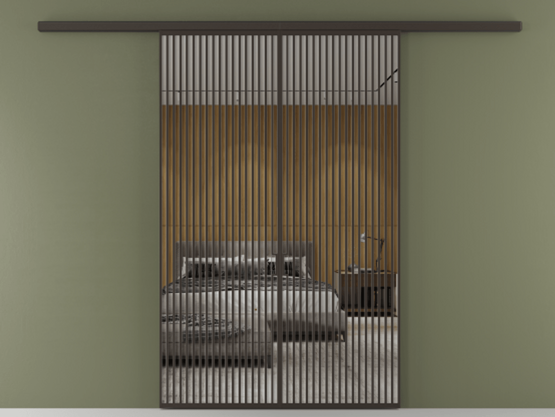 Перегородка Formato вдоль стены двустворчатая АЛПР 040.06 Алюминий антрацит Двустороннее зеркало, триплекс , триплекс 6 мм Цена 2244900 ₸ | Volhovec