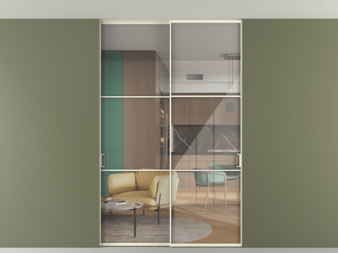 Перегородка Formato внутри проёма скрытое крепление в потолок 2 створки АЛПР 040.03 Алюминий молочно-белый Рефлективное прозрачное стекло "Stopsol", калёное. Цена 1906440 ₸ 1. Полотно 2 шт. (800/2100 мм)
2. Комплект установки раздвижной системы
3. Базовый комплект фурнитуры
4. Ручка RONDO. Фабрика дверей Волховец 8 (800) 551 43 19 Перегородка Formato внутри проёма скрытое крепление в потолок 2 створки АЛПР 040.03 Алюминий молочно-белый Рефлективное прозрачное стекло "Stopsol", калёное Цена 1906440 ₸ | Volhovec