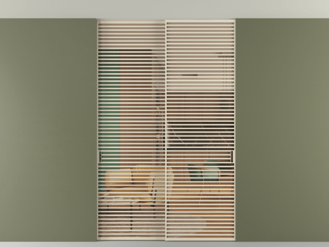 Перегородка Formato внутри проёма скрытое крепление в потолок 2 створки АЛПР 040.07 Алюминий бежево-серый Прозрачное оранжевое стекло, триплекс Цена 3152000 ₸ | Volhovec