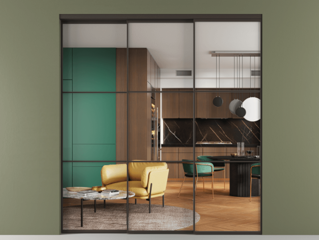 Перегородка Formato внутри проёма 3 створки с синхронным механизмом АЛПР 040.03 Алюминий антрацит Прозрачное стекло "Crystal Vision", калёное Цена 2481600 ₸  | Volhovec