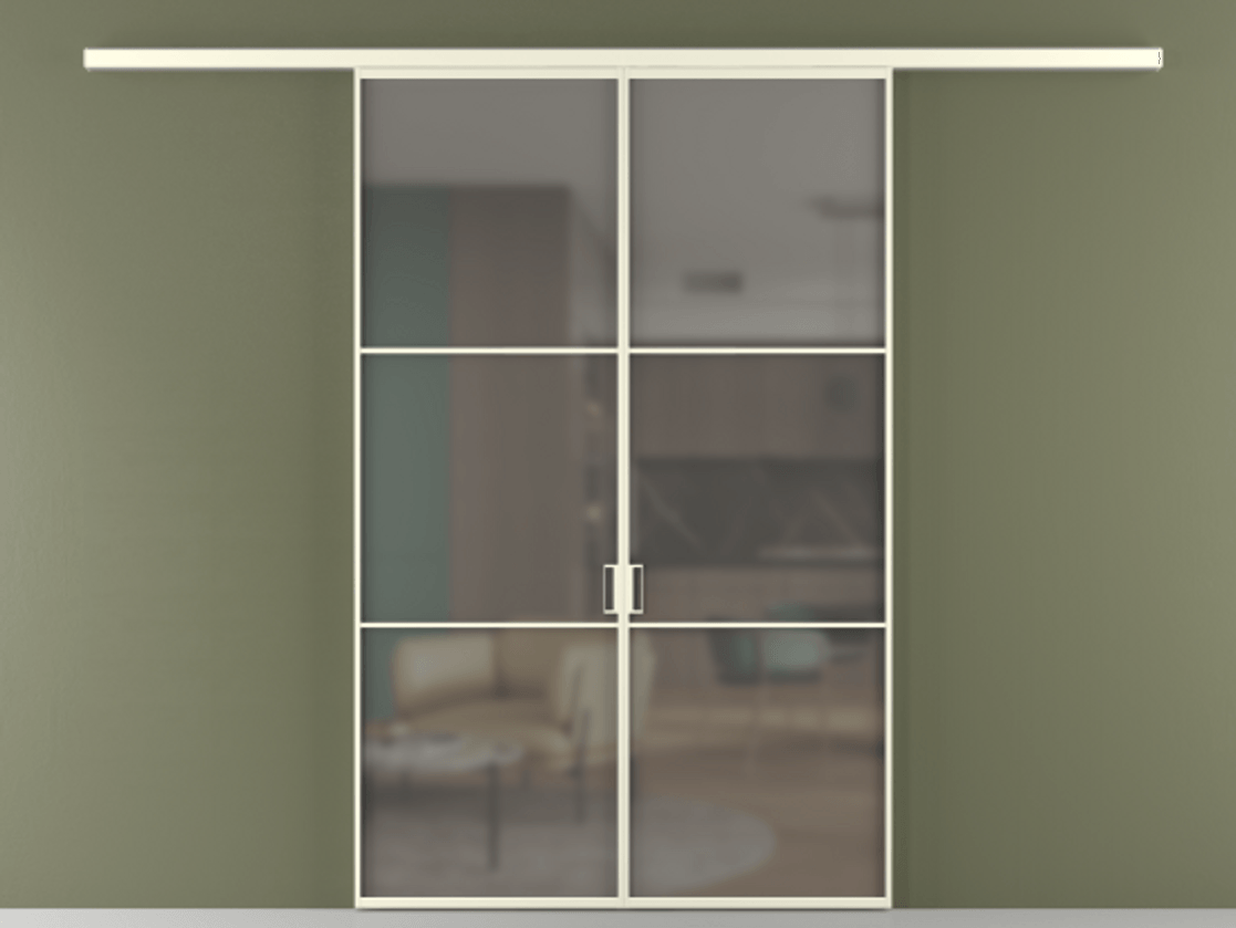 Перегородка Formato вдоль стены 2 створки АЛПР 040.03 Алюминий молочно-белый Сатинированное серое стекло, триплекс Цена 1266470 ₸ | Volhovec