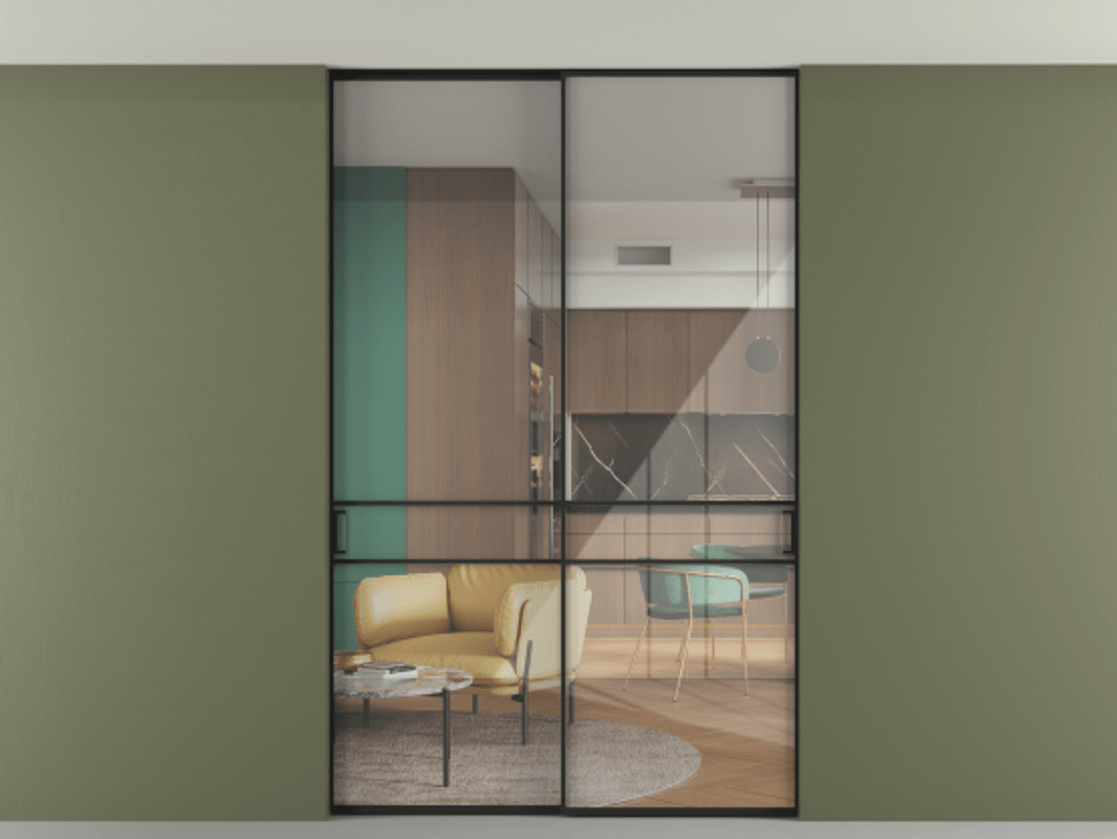 Перегородка Formato внутри проёма скрытое крепление в потолок 2 створки АЛПР 040.02 Алюминий Черный Рефлективное прозрачное стекло "Stopsol", калёное Цена 1857020 ₸ | Volhovec