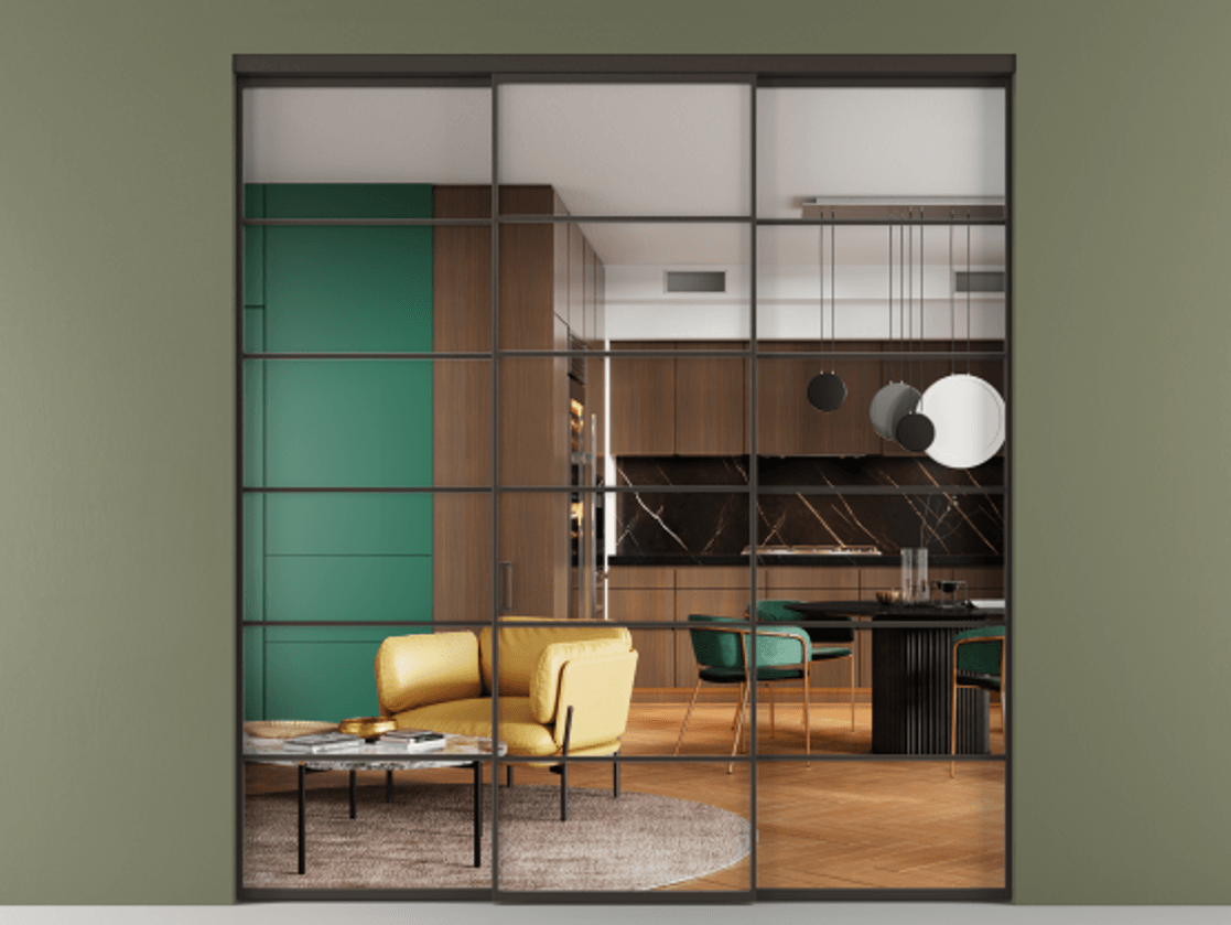 Перегородка Formato внутри проёма 3 створки АЛПР 040.04 Алюминий антрацит Прозрачное стекло "Crystal Vision", калёное Цена 2127840 ₸ | Volhovec